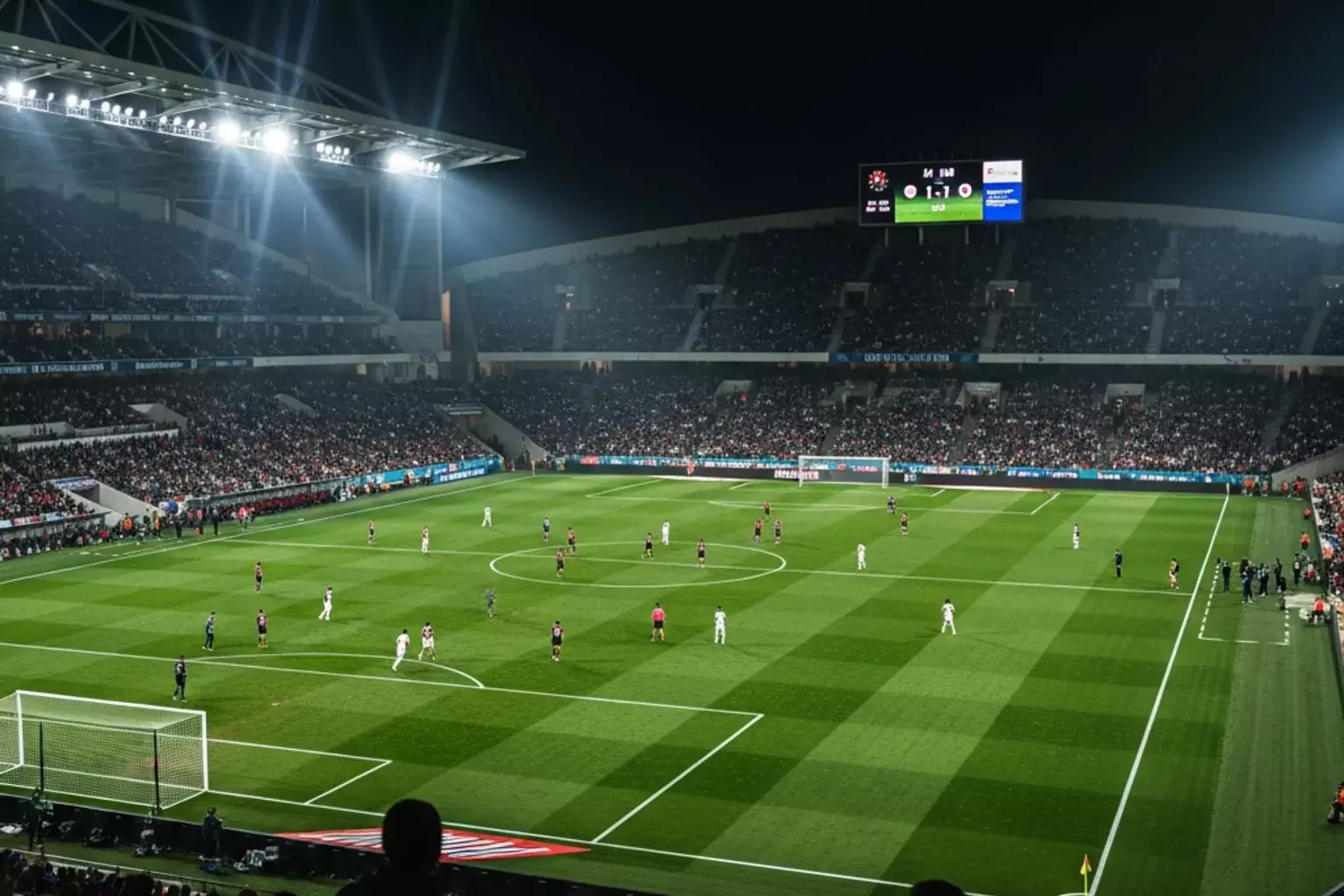 Estádio de futebol iluminado à noite com ecrã de resultados