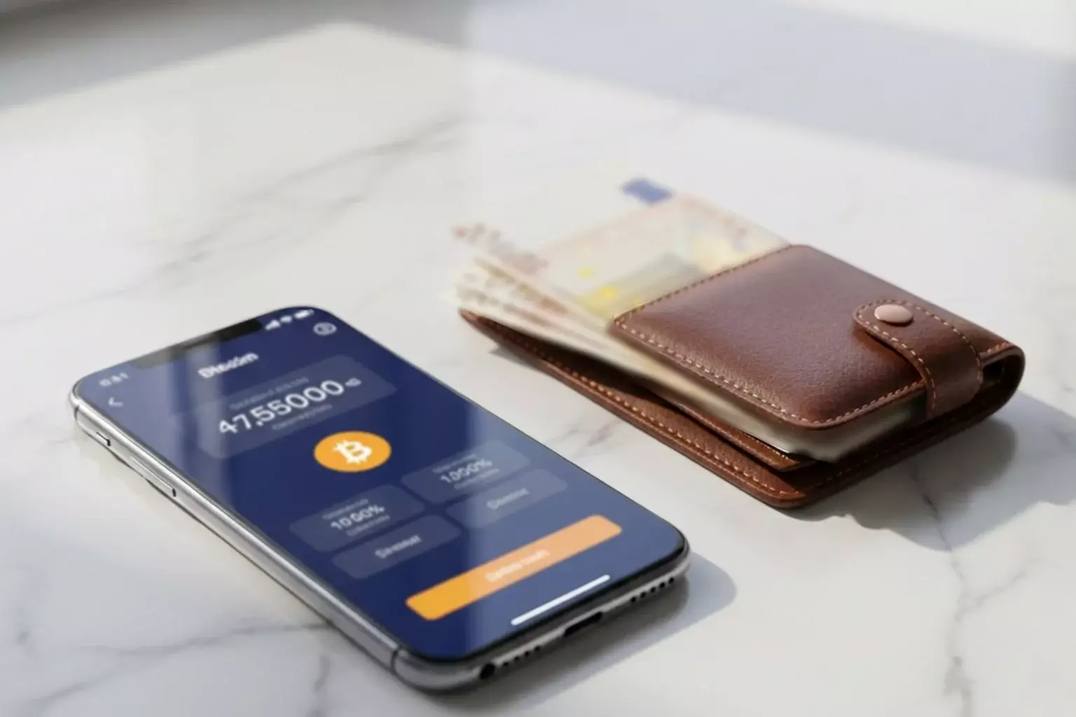 Carteira digital com símbolos de Bitcoin e euros lado a lado