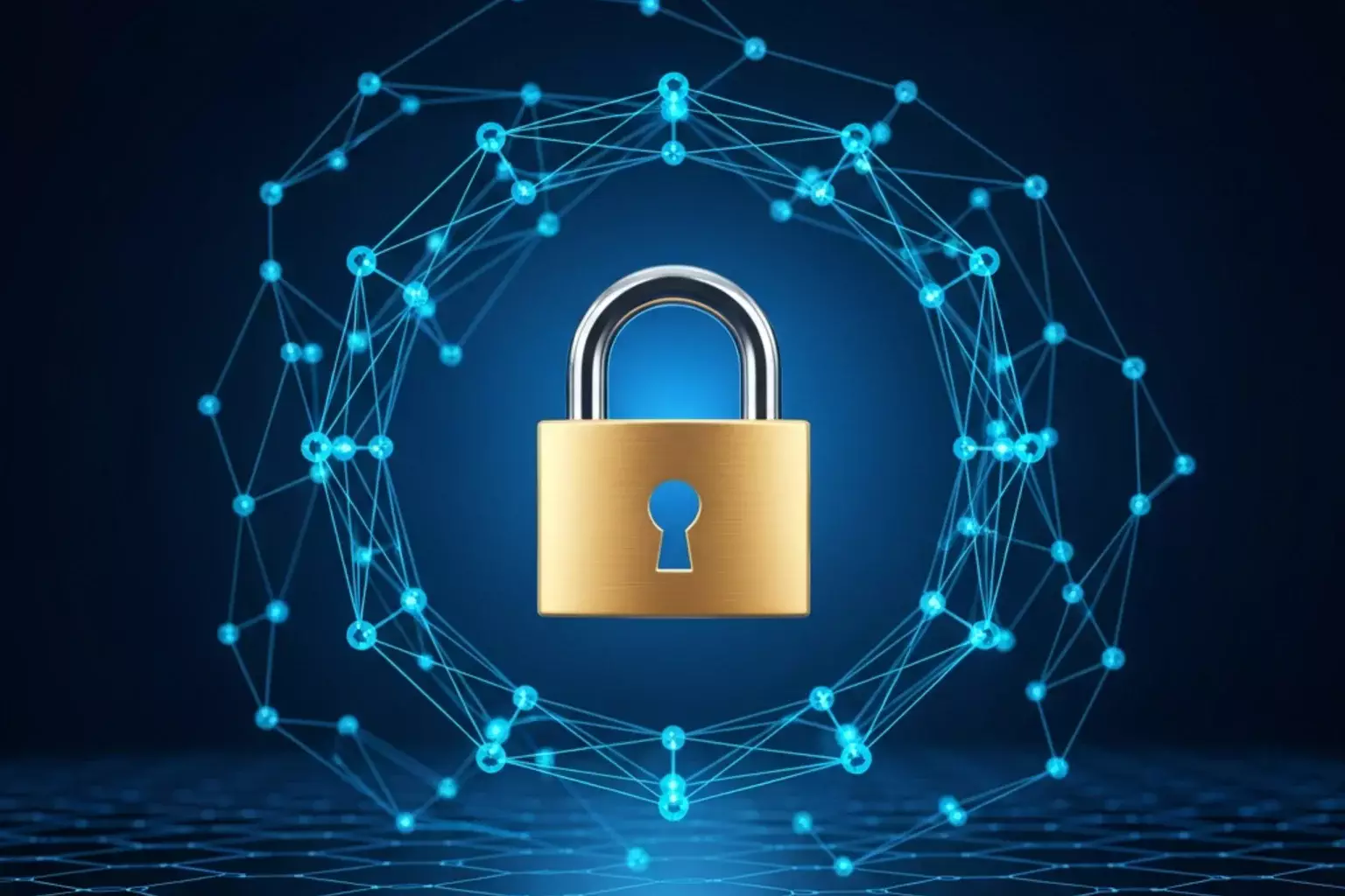 Cadeado digital sobre rede de blockchain iluminada