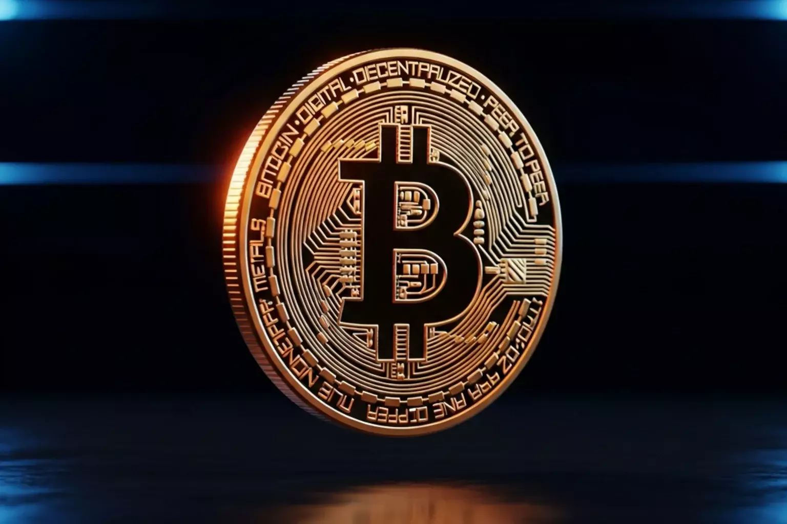 Moeda Bitcoin dourada com brilho sobre fundo escuro tecnológico
