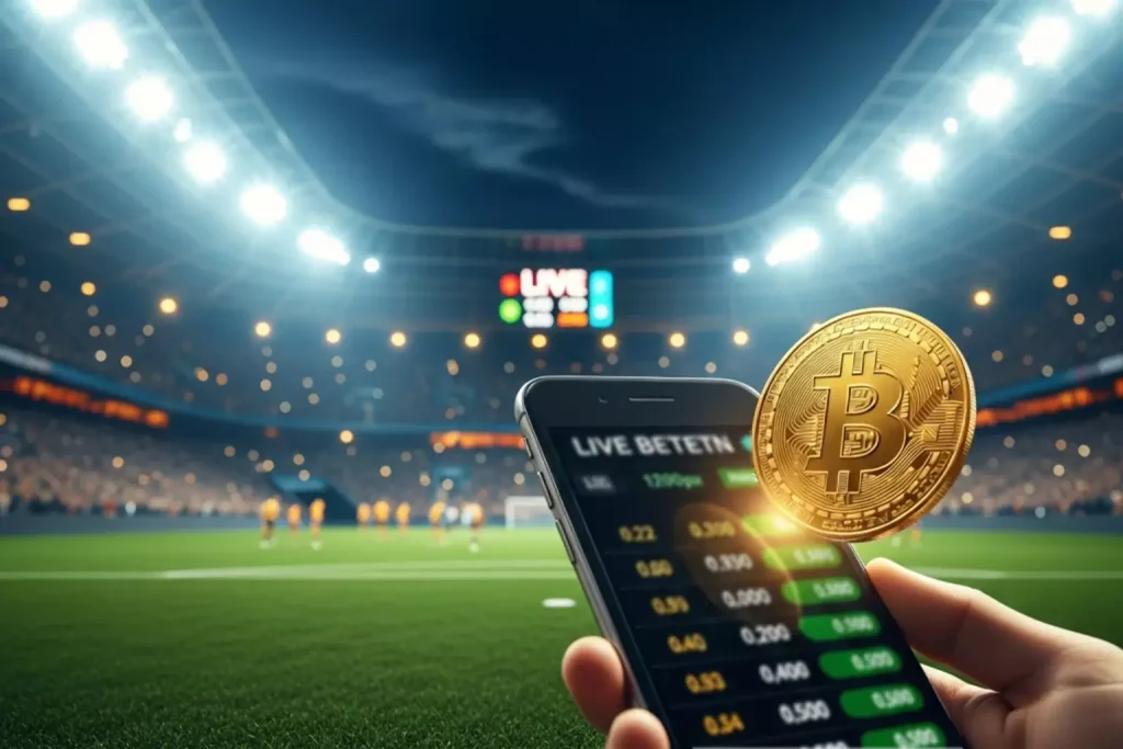 Apostas ao vivo com Bitcoin num estádio de futebol iluminado