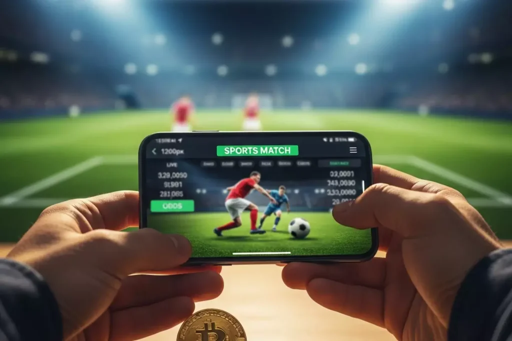 Apostas desportivas Bitcoin com smartphone mostrando odds de futebol