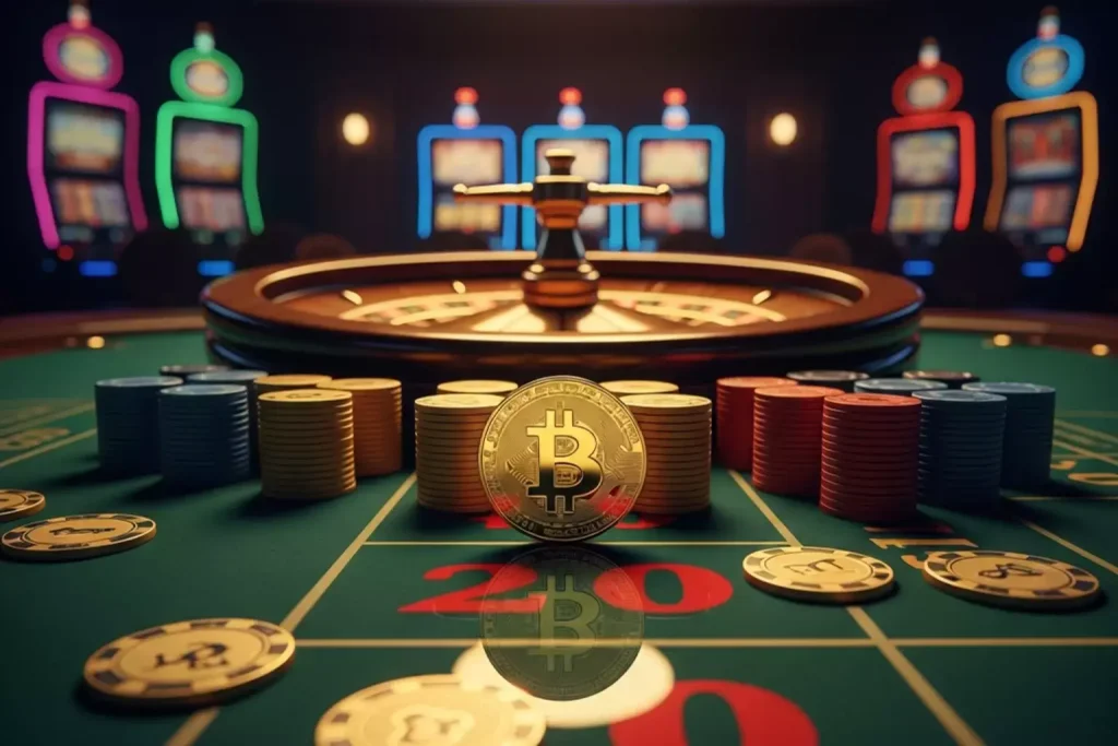 Casino Bitcoin com mesa de roleta e fichas crypto douradas