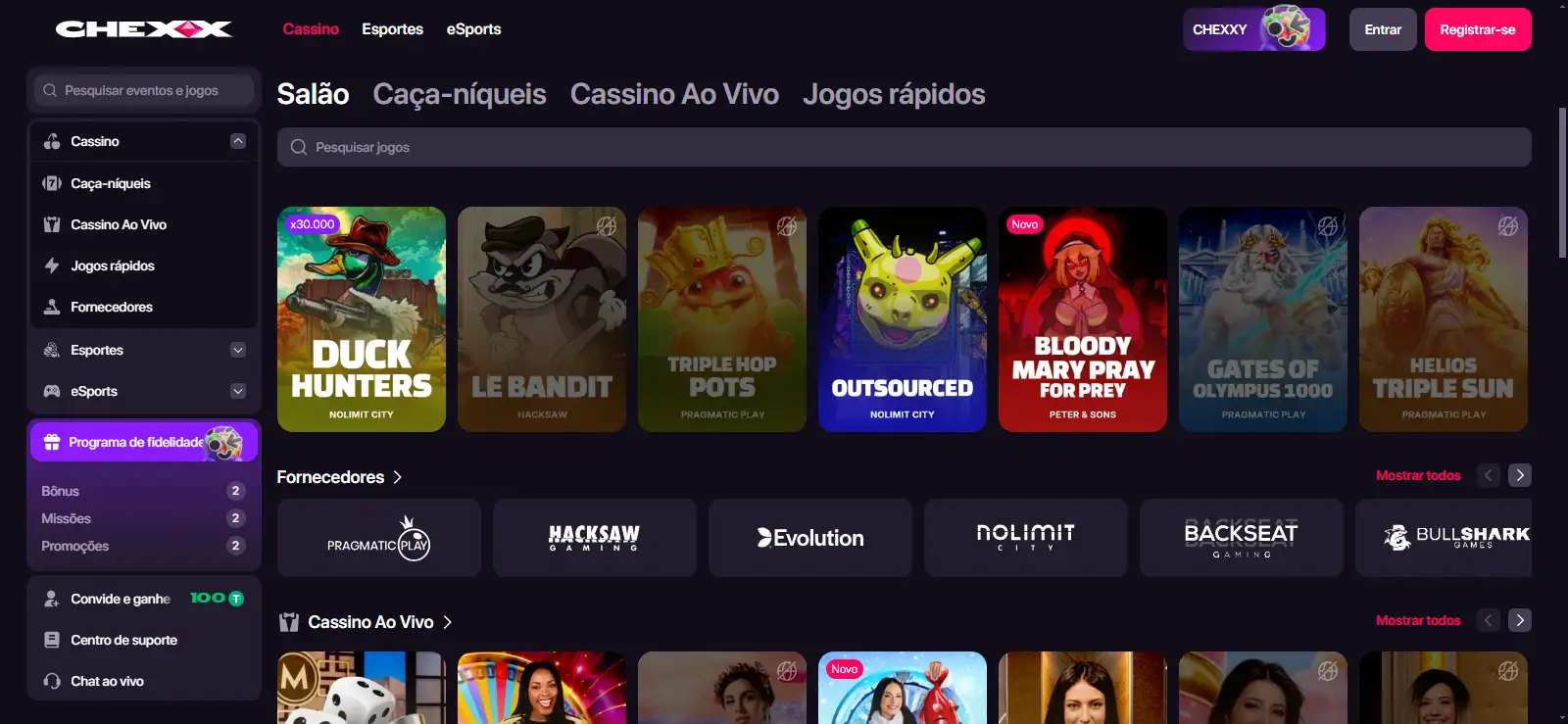 Lobby do casino CHEXX com categorias, jogos e filtros de slots