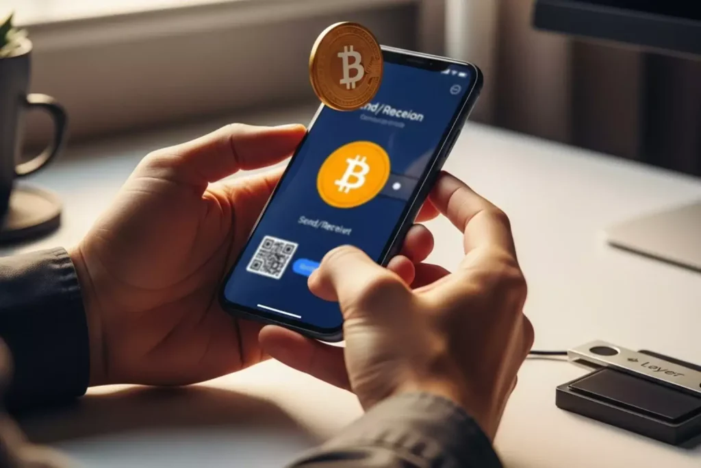 Mãos a fazer transação Bitcoin num smartphone com símbolo BTC
