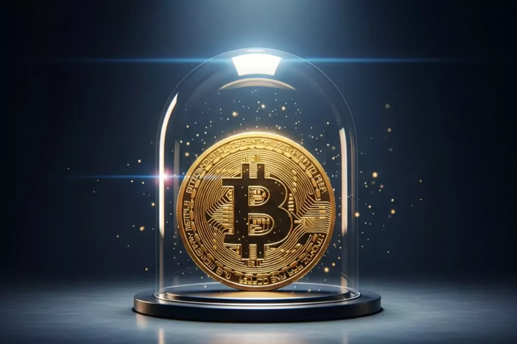 Escudo de segurança protegendo moeda Bitcoin dourada